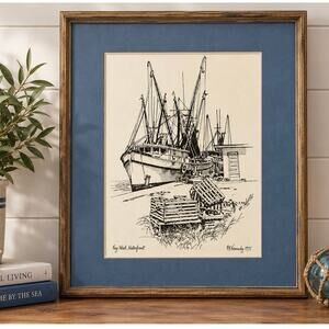 R.E. Kennedy Key West Waterfront Shrimp Boats Pen Drawing Nautical Florida Art